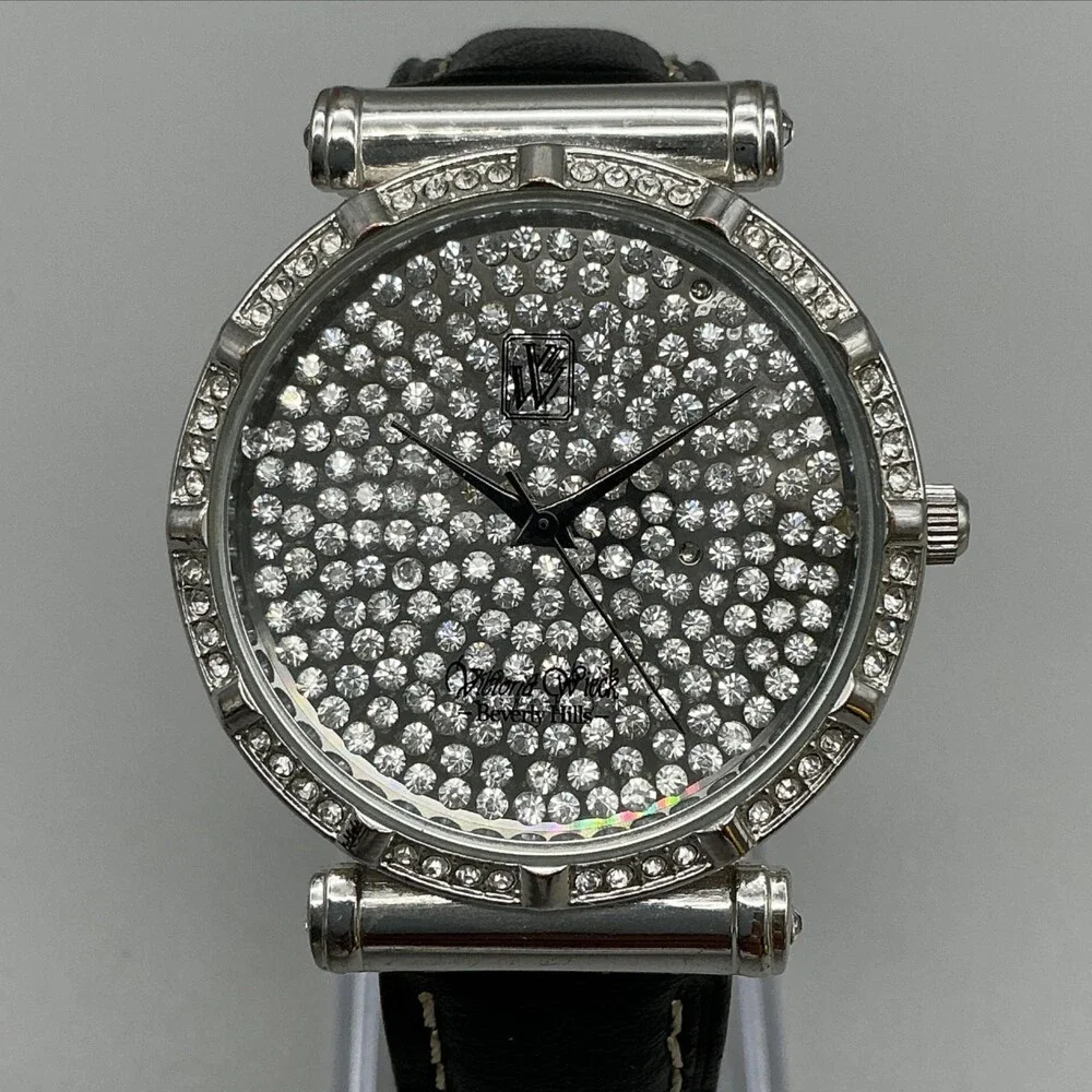 Victoria Wieck Womens Watch 36mm Silver Pave Dial Leather 98478 New Battery